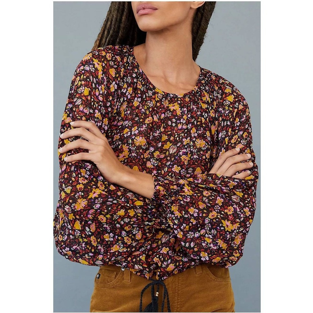 Anthropologie Pauline Blouse Small Black Floral Balloon Sleeve Tassel Boho Top